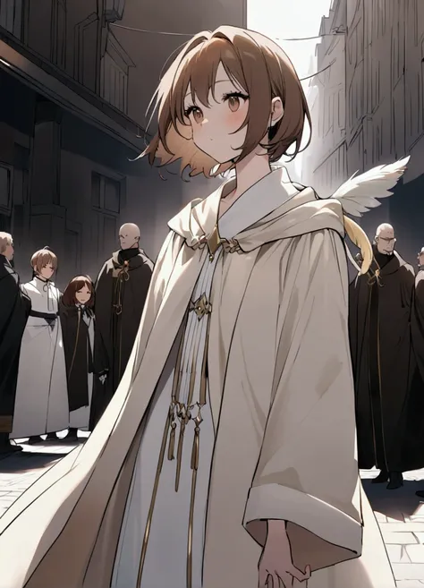 Brown Hair。Short Hair。Standing sideways。Young Girl。goddess。Angel&#39;s wing。carrying a big stick。clergyman。Robes。Big feather。