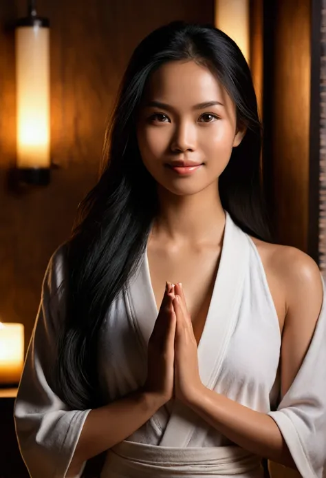 Cinematic soft lighting illuminates a beautiful Filipina model with stunning detail and ultra-realistic，meditating in a Spa，Full body photo of the front，beautiful look, straight long black hair, Clear honey eyes，Charming perfect smile，Raised sexy，Hot woman...