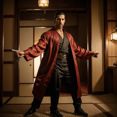 Scott Adkins style man wearing kimono and holding an outstretched nunchaku