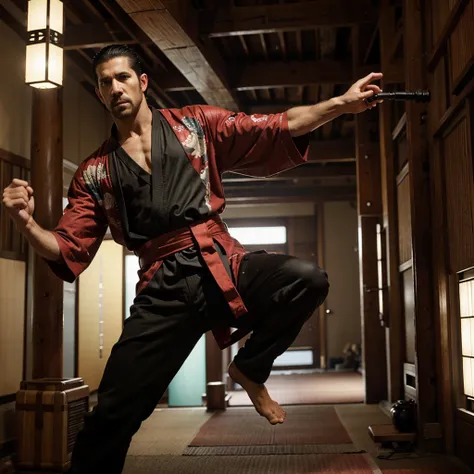 Scott Adkins style man wearing kimono and holding an outstretched nunchaku