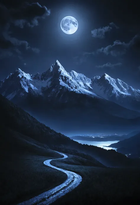 dark night with moonlight and mountains quality image