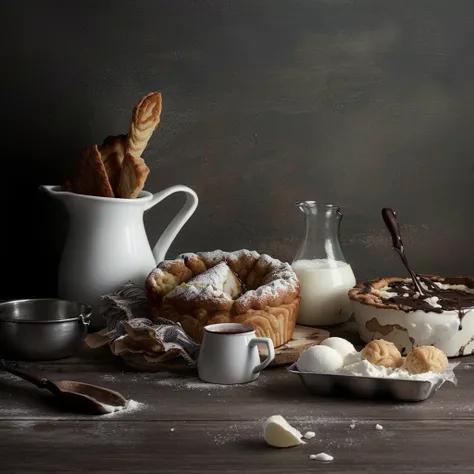 there is a table with a lot of food, Culinary Art Photography, Still life photography, food photographyy, styled food photographyy, high quality food photographyy, Ingredients on the table, Food style, Old kitchen background, a pastry, Sylvia Wishart, Alis...