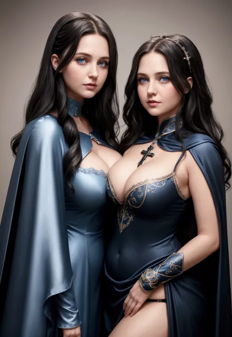 mother and daughter portrait break: mature, evil, middle-age, long black hair , blue eyes, detailed face, beautiful face, cleavage, curvy body, tall, chubby, dress with cape, dresing with christian cross, break: daughter, girl,teenager(1.3),13 years old, t...