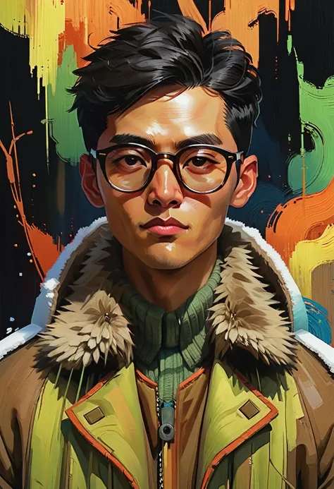 (a_rostov_style:0.8) illustration, portrait, man in coat, black short hair, asian，young people，wear glasses, rough brushstrokes,...