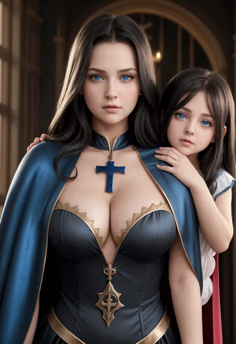 mother and daughter, break: mature, evil, middle-age, long black hair , blue eyes, detailed face, beautiful face, cleavage, curvy body, tall, chubby, dress with cape, dresing with christian cross, break: daughter, girl, very small breats, slim, teenager(1....