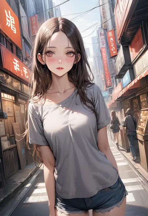 (realistic:1.4),((masterpiece,Highest quality:1.3,best quality illustration)),cowboy shot,独奏,1woman,(25 year old beauty),((very small head:1.3)),black hair,long hair,forehead,center parted bangs,black eyes,gorgeous big eyes,blush,((very long body,skinny)),...