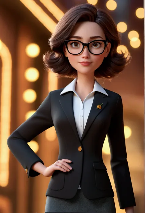 Cartoon character of a woman in black glasses, black blazer with white shirt, animation character, stylized character, animation style rendering, 3d stylized, Arnold Maya rendering, Stylized 3D rendering, toon render screenshot, 3d character, 3d character,...