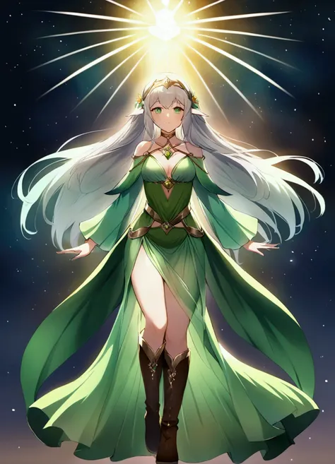 Silver Hair。Elven Goddess。Goddess of Archery。Artemis。Green clothes。Wearing brown boots