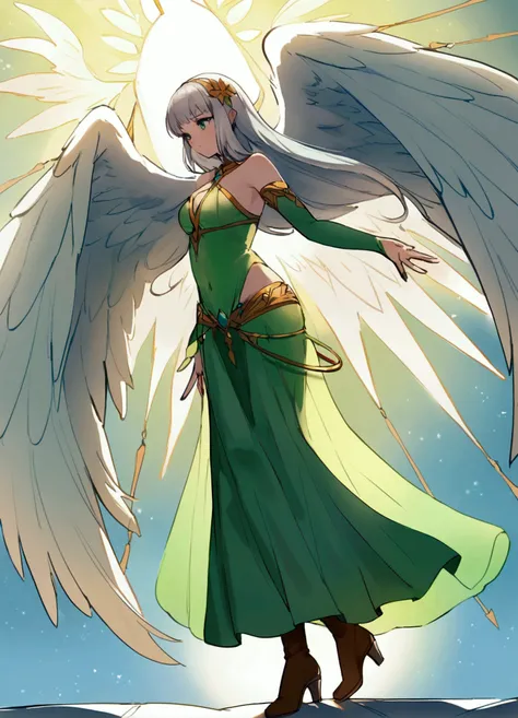 Silver Hair。Elven Goddess。Goddess of Archery。Artemis。Green clothes。Wearing brown boots。Big angel wings。。Standing sideways