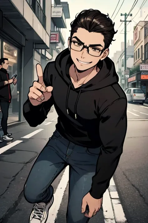 Perfect face. Perfect hand. A black haired man with slicked back hair and light brown eyes and small black glasses in a light black hoodie and dark jeans and fingerless gloves and black and white sneakers is smiling in a busy street 