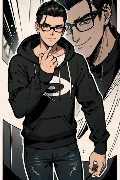 Perfect face. Perfect hand. A black haired man with slicked back hair and light brown eyes and small black glasses in a light black hoodie and dark jeans and fingerless gloves and black and white sneakers is smiling in a busy stree