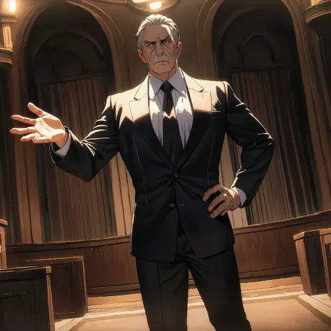 Masterpiece:1.1,Highest quality,8k,official art,courtroom,1boy,an american,middle aged man,a lawyer is talking enthusiastically,standing,evil,arch enemy,cinematic lighting,looking at viewer, dynamic angle,one hand up,one hand on hip,judge,