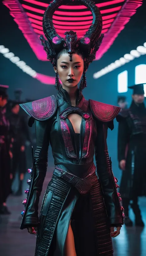 A fashion runway for alien technology , Cyberpunk fashion photography , Inspired by Chinese Xianxia and dark Gothic.，The fallen god of Greek mythology.，(Best Quality,4k,8k,A high resolution,masterpiece:1.2), (realist,photorealistic,photorealistic:1.37).