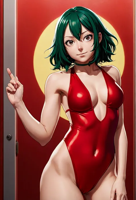 Please create an image of yaomomo from my hero academia in a red swimsuit with a very thin thong and making a perverted face