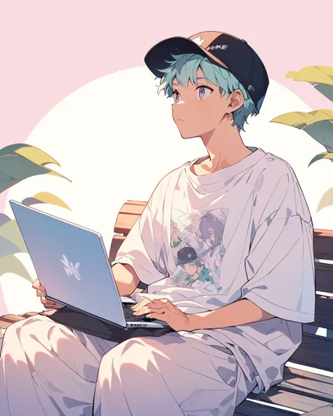 Create a detailed anime illustration of a boy with short hair in a casual streetwear outfit. He should be wearing a baseball cap, baggy pants, and a graphic t-shirt. He is seated on a bench, holding a laptop, with a serene expression. Use a two-tone pastel...