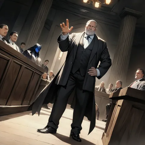 Masterpiece:1.1,Highest quality,8k,official art,courtroom,1boy,an american,middle aged man,a lawyer is talking enthusiastically,standing,evil,arch enemy,cinematic lighting,looking at viewer, dynamic angle,one hand up,one hand on hip,judge,