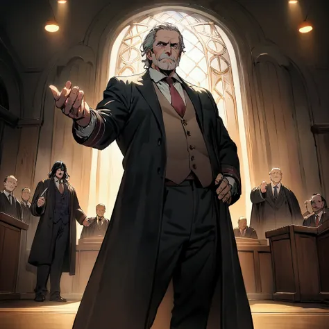 Masterpiece:1.1,Highest quality,8k,official art,courtroom,1boy,an american,middle aged man,a lawyer is talking enthusiastically,standing,evil,arch enemy,cinematic lighting,looking at viewer, dynamic angle,one hand up,one hand on hip,judge,