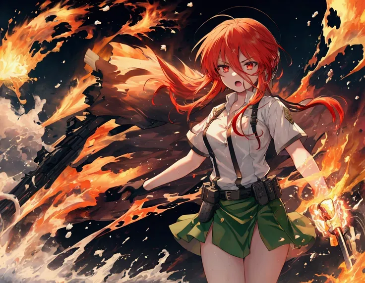 1 girl, sexy cowboy shot, rubble ruins, anger, (battle preparation:1.2), open the mouth, (evening:1.2), Explosive inflammation,shana, Red eyes, redhead, very long hair, hair between the eyes, (He drowned:1.1), , , serafín, White shirt, short sleeve, green ...