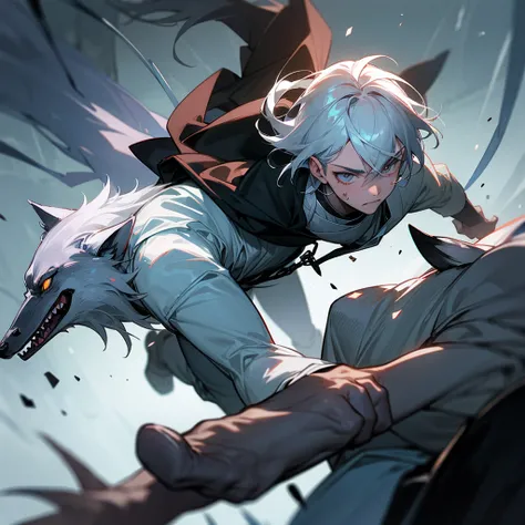 16 year old silver hair-eyed boy,fight for his life, being eaten by wolves, all bloody 