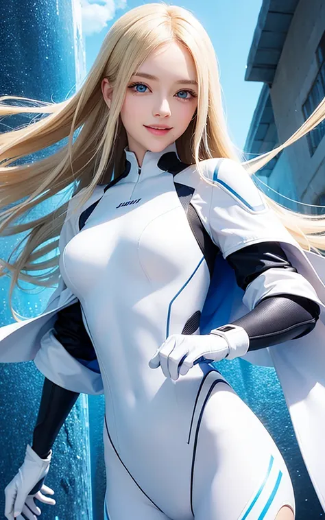 girl, smile, white plugsuit, blonde, blue eyes, Hyper Realistic
