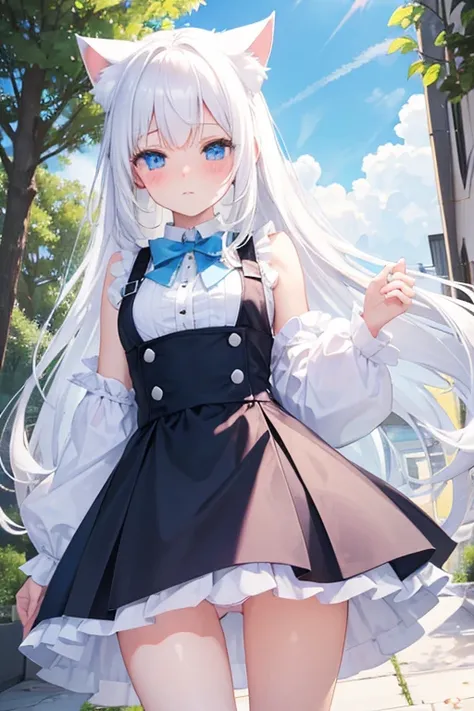 White cat ears,Blue Eyes,white panty,Blushing,white blassire