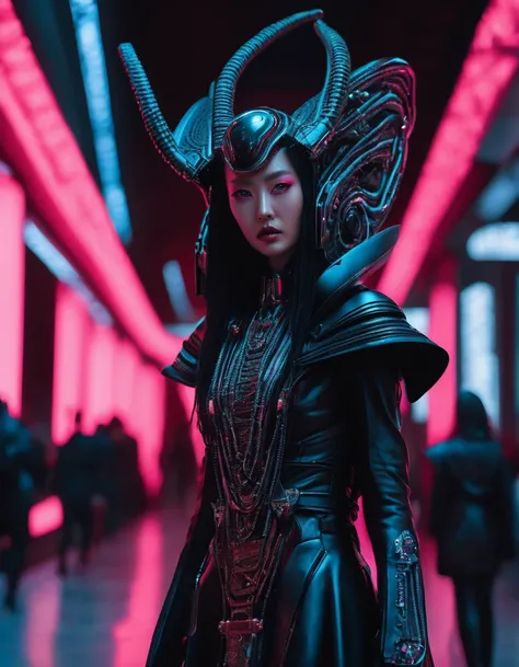 A fashion runway for alien technology , Cyberpunk fashion photography , Inspired by Chinese Xianxia and dark Gothic.，The fallen god of Greek mythology.，(Best Quality,4k,8k,A high resolution,masterpiece:1.2), (realist,photorealistic,photorealistic:1.37).