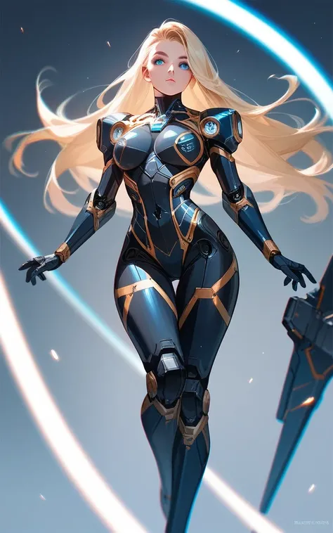 girl, golden ultron suit, blonde, blue eyes, Hyper Realistic, masterpiece