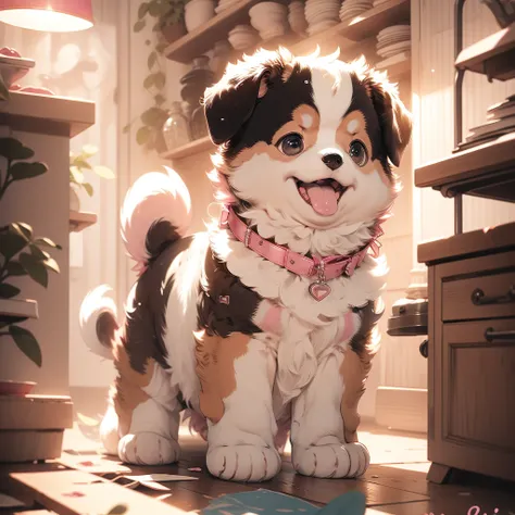 A cute、Cute puppy in the house, Shiny Pink, High-quality images