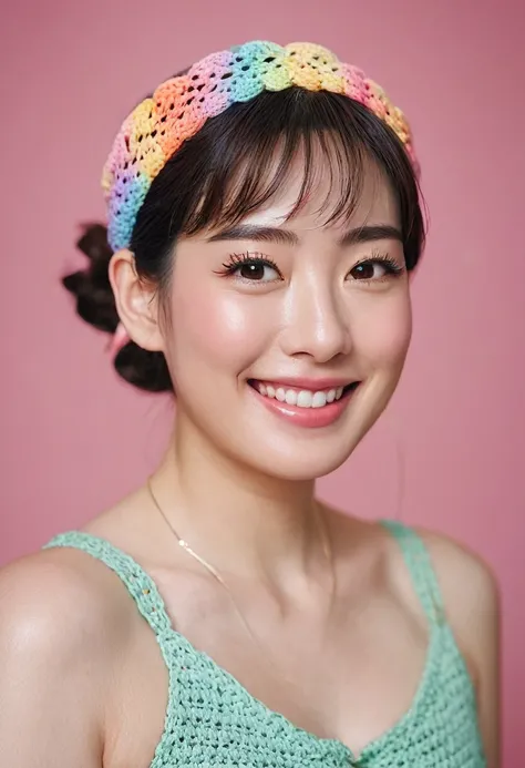 quite a bit body a beautiful cute Japanese woman, still from the film, (Anne Hathaway look alike face: 0.8), a a closeup photo of a cute smiling fashionista woman with a pastel rainbow colored crochet headband, Leica SL3, Summicron-SL 75 f/2 ASPH, Kodak Go...