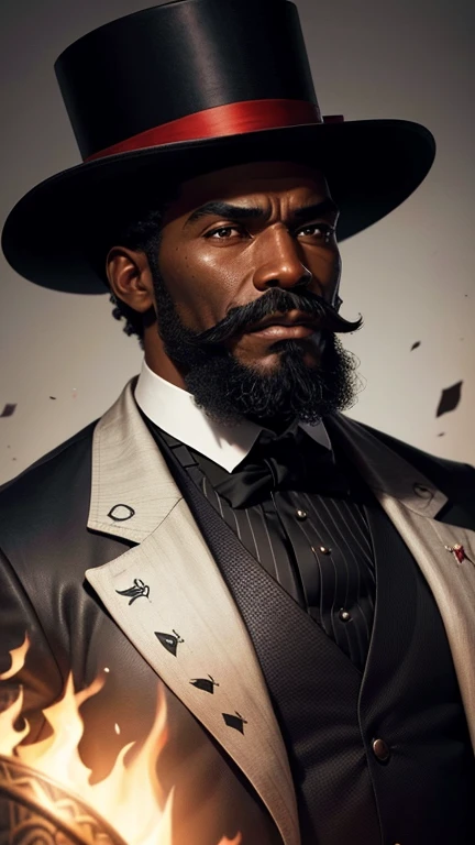 Photo of a strong black man, with his traditional ancestral spiritual representation: with a beard and mustache, dressed in a black suit with a red tie and top hat, at a crossroads.