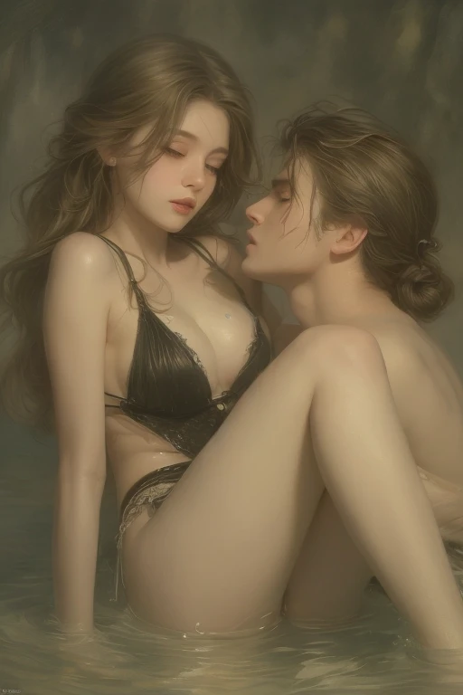 Soft lighting、Dramatic Shadows、A calming color palette、

Couple: Blond man (expensive, Statue-like, good looking, A brave young man with blue eyes, Curly blonde, Wearing an antique grey military uniform) He embraces the dark-haired woman (Sensual woman、Bea...