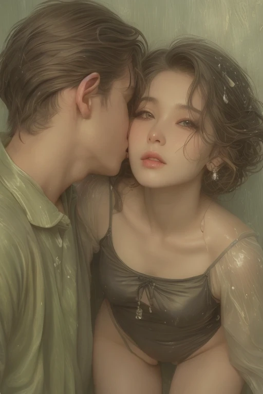 Soft lighting、Dramatic Shadows、A calming color palette、

Couple: Blond man (expensive, Statue-like, good looking, A brave young man with blue eyes, Curly blonde, Wearing an antique grey military uniform) He embraces the dark-haired woman (Sensual woman、Bea...