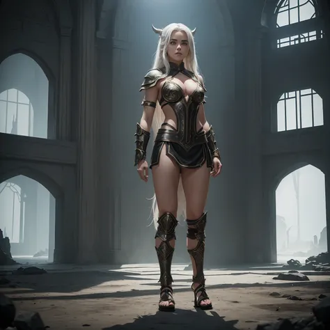 ((Full body photo, standing, feet on the ground)) 3 girls, Kiernan shipka, long white hair, in Shao Kahn outfit from mortal kombat, full body, provocative pose, cinematic, intricate details, ray tracing, hell background, knee-high gladiator sandals

