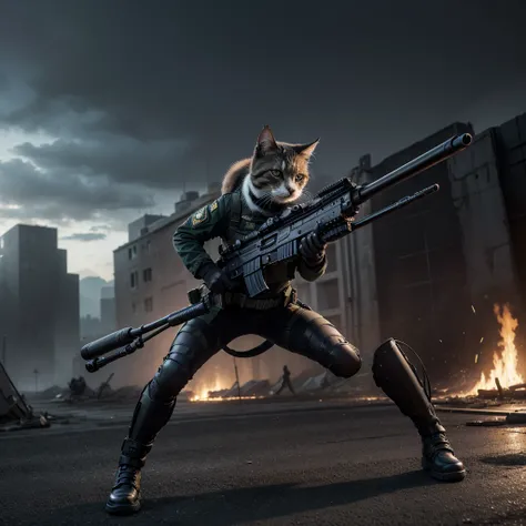 ((work of art, Maximum quality, super definition, High definition)), one cat, in a black combat uniform, on two legs, using a rifle, in a combat zone.