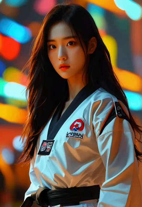 masterpiece, ultra details, best quality, 1 pretty korean taekwondo girl, masterpiece, ultra details, best quality, black long straight hair, wearing white World Taekwondo Federation dobok uniform with black v-neck, wearing taekwondo blackbelt, wearing whi...