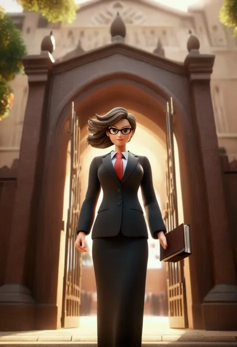 (Lawyer), female lawyer stands in front of the court gate, full body, award-winning, cinematic still, emotional, vignette, dynamic, vivid, (masterpiece, best quality, photorealistic, Professional, perfect composition, very aesthetic, absurdres, ultra-detai...