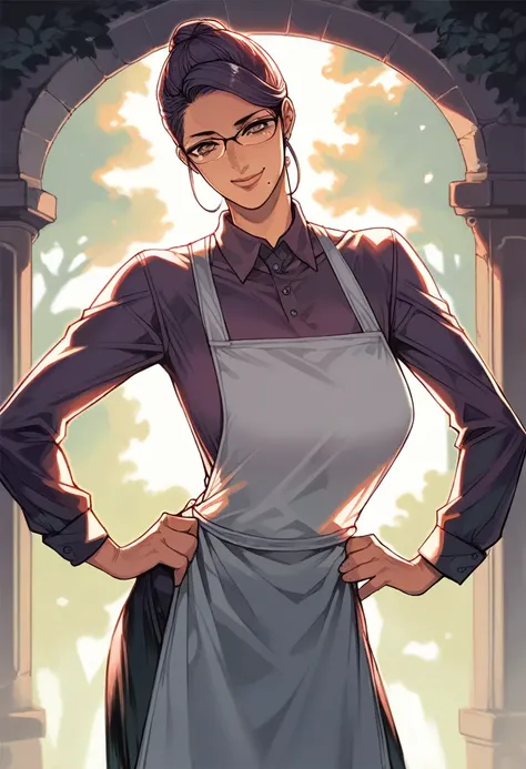 (((Masterpiece))), best quality, cowboy shot, perfect anatomy, realistic face, outdoors, sunny, warm sunlight, backlighting, dramatic lighting, painterly 1girl, hair bun, glasses, collared shirt, solo, apron, three quarter view, hands on own hips, light sm...