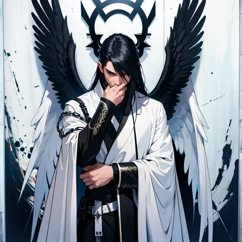 (Artwork, best quality, ultra HD, 8k, wall-paper), Cinematic sensation, perfect hands, perfecteyeballs, eyeballs detalhados, a man with very obvious black wings, fully body, Large and elegant white costume with strategic black details, displaying the power...