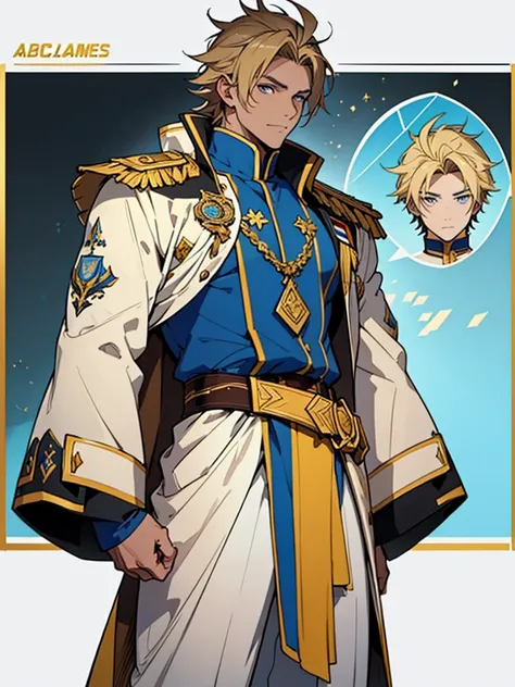 
A male character with brown hair and blonde highlights, blue colored eyes, wearing an elaborate uniform. Slim and young The blue priest uniform, offwhite, yellow and black, with a blue jacket decorated with yellow details and a white cape with yellow edge...