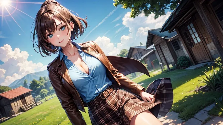 1girl, solo, village house, trees, sun, clouds, ((brown hair)), ponytail, large breasts, ((brown leather jacket)), button down shirt, ((blue checked shirt)), ((unbuttoned shirt)), unbuttoning buttons, cleavage 1:3, green eyes, long skirt, brown boots, smil...