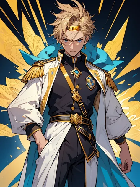 
A male character with brown hair and blonde highlights, blue colored eyes, wearing an elaborate uniform. Slim and young The blue priest uniform, offwhite, yellow and black, with a blue jacket decorated with yellow details and a white cape with yellow edge...