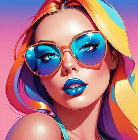 a close up of a woman with sunglasses on and a blue face, jen bartel, rossdraws cartoon vibrant, in style of digital illustration, vibrant digital painting, vibrant fan art, glossy digital painting, colorful digital painting, stunning digital illustration,...