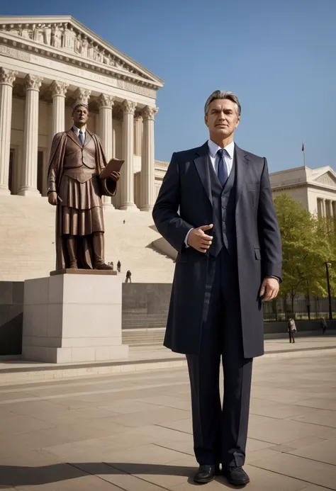 (Lawyer), In front of the magnificent High Court, a tall statue of a lawyer, inspires the law spirit, full body, award-winning, cinematic still, emotional, vignette, dynamic, vivid, (masterpiece, best quality, photorealistic, Professional, perfect composit...