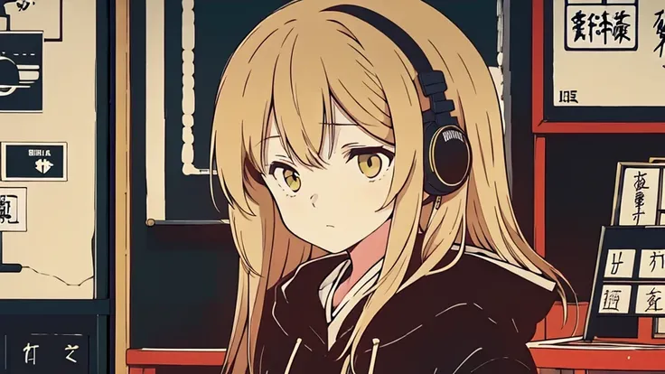 (low contrast), (lofi), (1 girl, blond hair, black hoodie, headphone), (A Japanese shop with posters)