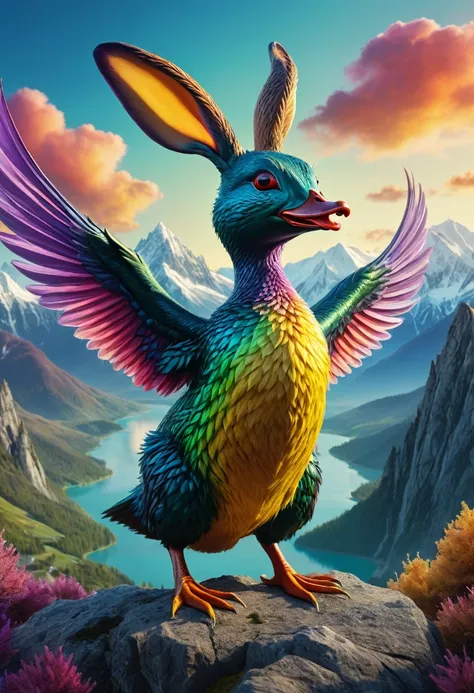 a surreal Wolpertinger, Hybrid creature made of duck, rabbit, and mouse, in exhilarated colors, in front of a mountainous landscape, (best quality,4K,8k,highres,​masterpiece:1.2),Ultra-detail,(realisti,photorealisti,photo-realisti:1.37),Intricate detailing...