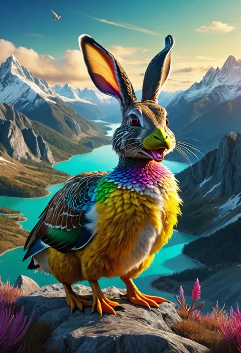 a surreal Wolpertinger, Hybrid creature made of duck, rabbit, and mouse, in exhilarated colors, in front of a mountainous landscape, (best quality,4K,8k,highres,​masterpiece:1.2),Ultra-detail,(realisti,photorealisti,photo-realisti:1.37),Intricate detailing...