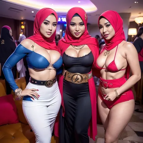 (((top less and full naked and nude sexy hijab prostitute)) three full in HIJAB sexy women in lingersuits posing for a picture, oppai cyberpunk, cosplay, full-cosplay, neko, posing together in bra, glamourous cosplay, asian women, anime cosplay, exotic cos...