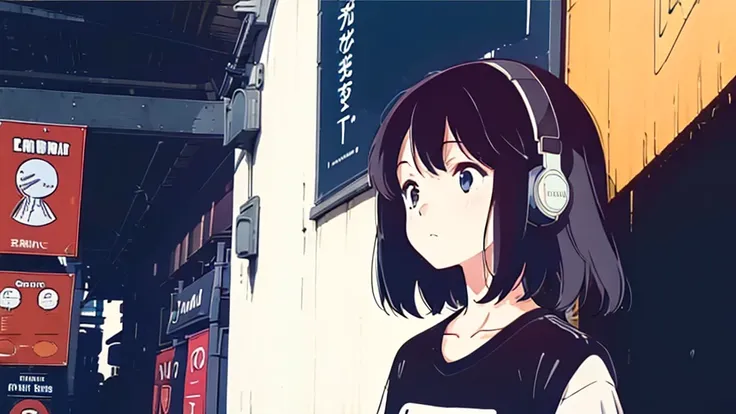 (low contrast), (lofi), (1 girl, black hair, white t-shirts, headphone), (shops with posters), (summer)