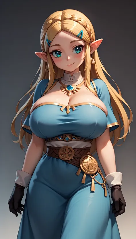 High resolution, Very detailed, perfect lighting, beautiful detailed eyes,   ((masterpiece,Best Quality)), absurdities, alone,     princess zelda, by the width, crown braid, Hair clip, pointy ears, fitted blue dress, Gloves without fingers, black gloves, s...