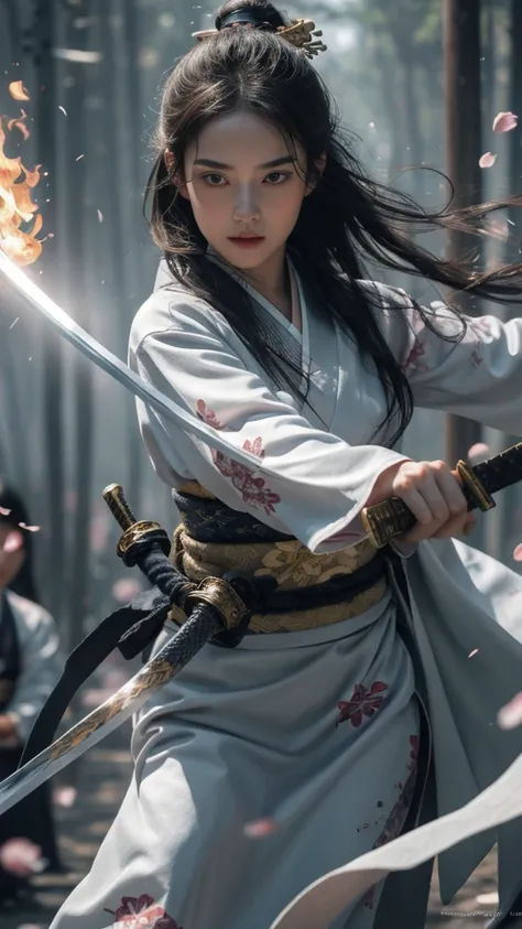 1 girl solo,from the front:1.5, In the midst of war, Blazing Flames, arms,Long black hair, She put a beautiful hairpin in her hair.,sword,Long Hair,Wearing a traditional kimono of Japan, hair ornaments,View your viewers,Holding a long sword in both hands,F...